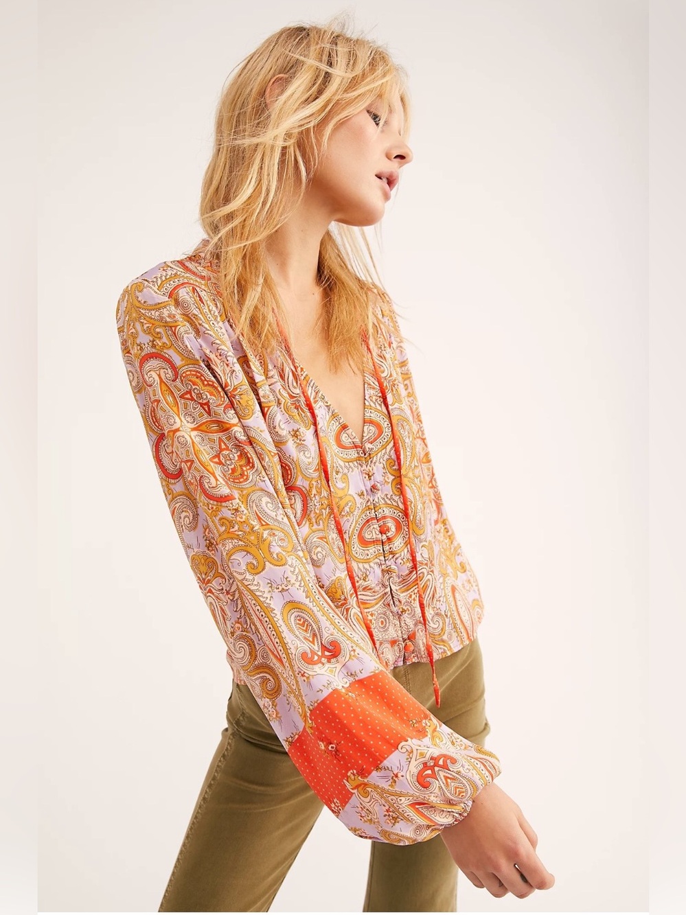 Free People Beautiful Day Bohemian Paisley V-Neck Blouse in Multi-Color - Medium